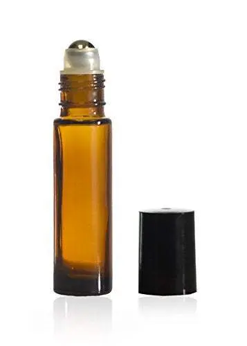 Amber glass roller bottle with black cap. Amber glass roller bottle with black cap.