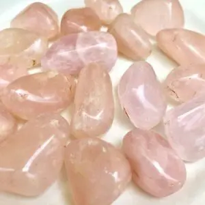 Pink rose quartz tumbled stones on white background.