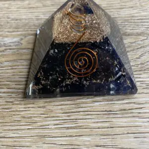 Black obsidian crystal pyramid with wire.