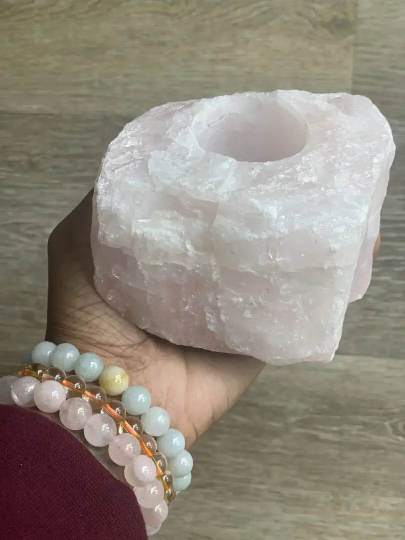 Pink rose quartz candle holder. Pink rose quartz candle holder.