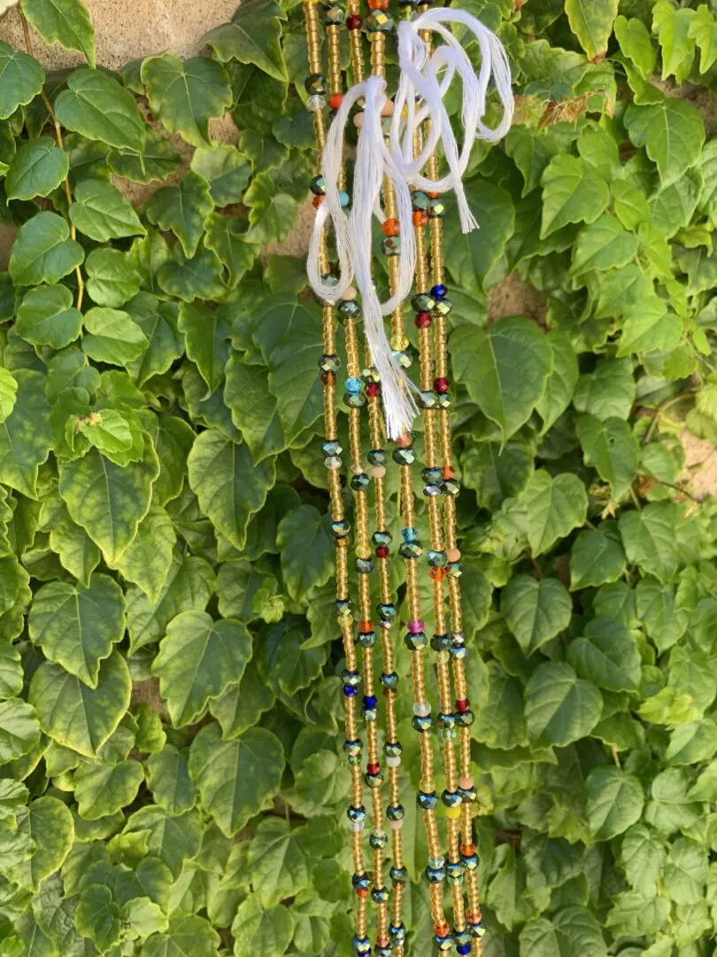 Multicolored beaded necklace against green leaves. Multicolored beaded necklace against green leaves.