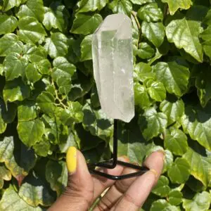 Clear quartz crystal on black stand.