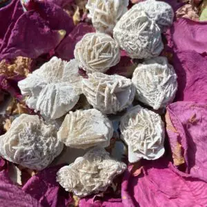 White desert rose crystals on rose petals.