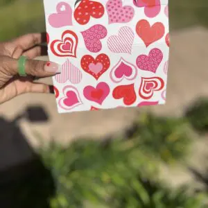 A person holding up a bag with hearts on it.