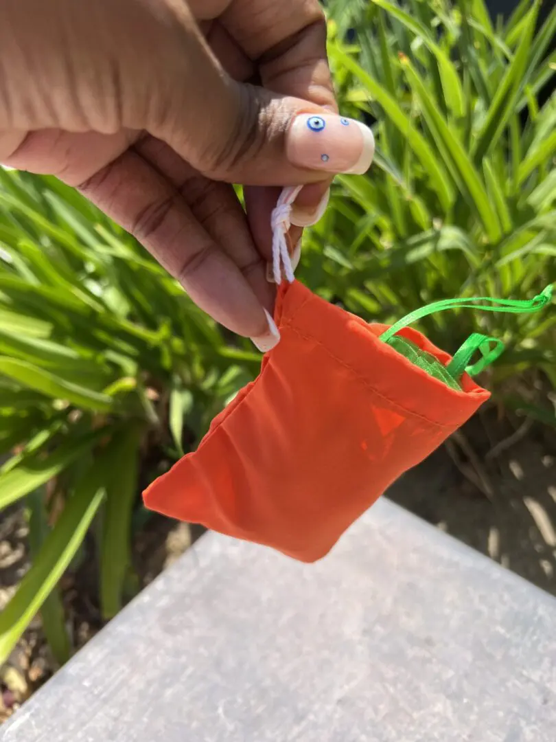 A person holding an orange bag with green string. A person holding an orange bag with green string.