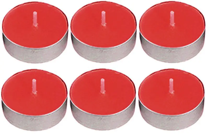 A set of six red tea lights. A set of six red tea lights.
