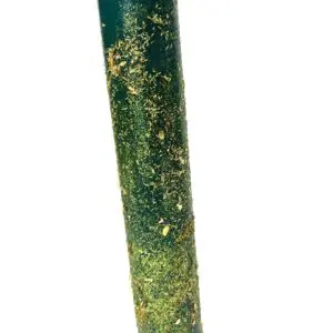 A green pole with some yellow and brown spots on it