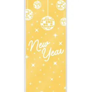 A yellow new year banner with white ornaments.