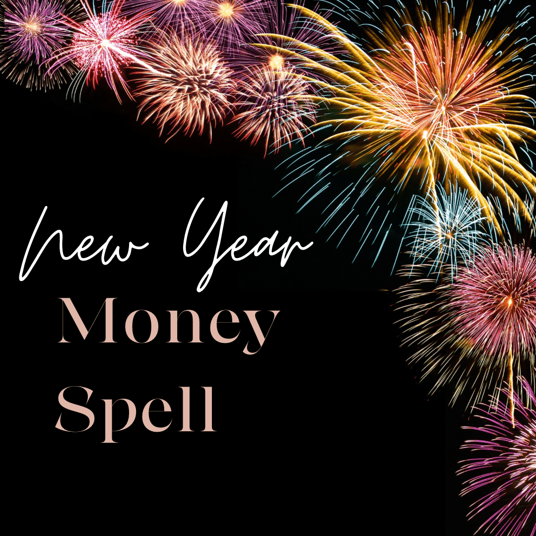 A black background with fireworks and the words " new year money spell ". A black background with fireworks and the words " new year money spell ".
