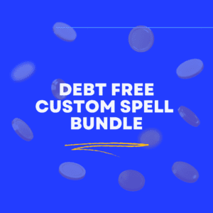 A blue background with the words debt free custom spell bundle in front of it.