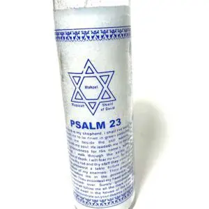 A candle with the words psalm 2 3 written on it.