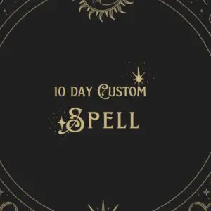 A black and gold circle with the words " 1 0 day custom spell ".