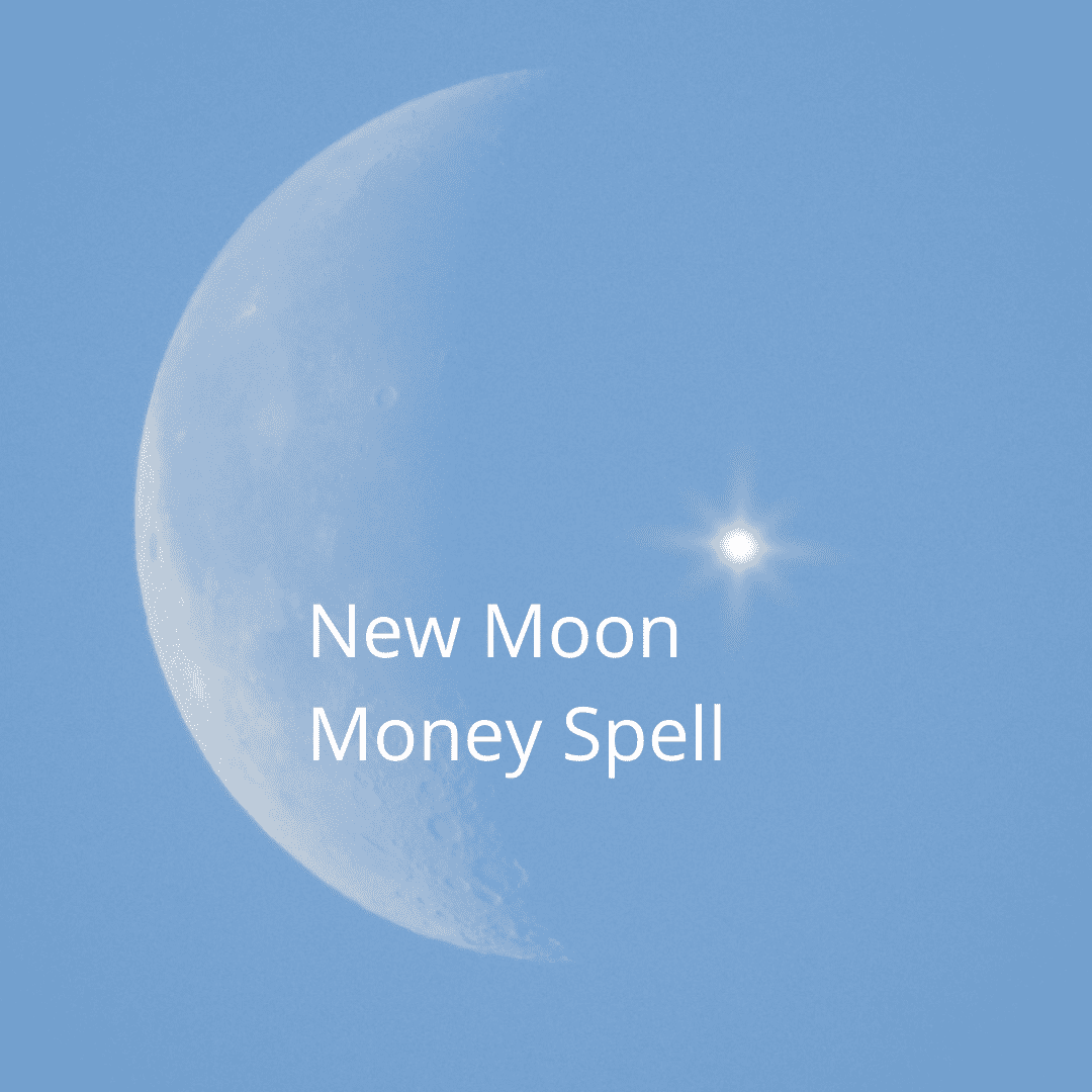 A crescent moon with the words " new moon money spell ". A crescent moon with the words " new moon money spell ".