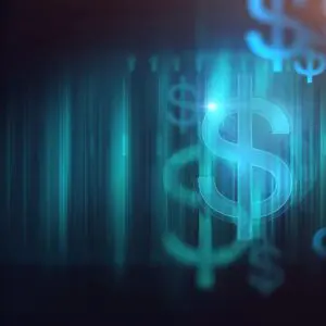 Blue dollar signs on a digital background.