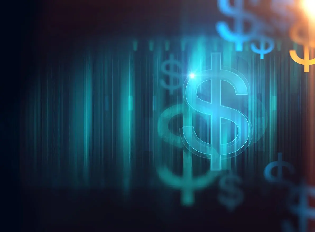 Blue dollar signs on a digital background. Blue dollar signs on a digital background.