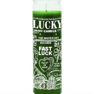 Green fast luck candle with white text.