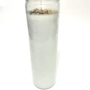 A tall white candle in a clear glass container with a wooden wick.