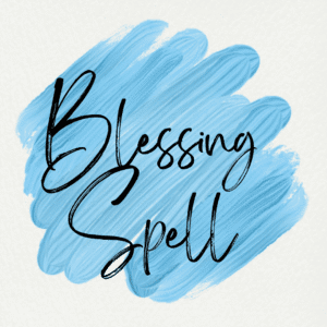 Blue brushstroke background with 'Blessing Spell' text in elegant script.