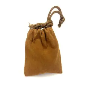 Small brown suede drawstring pouch with a looped cord.