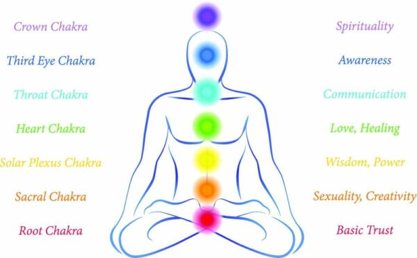 Seven chakras diagram with corresponding qualities.