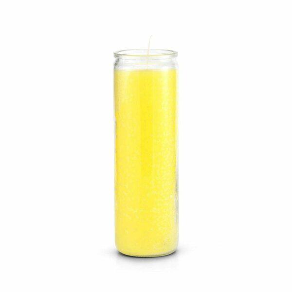 Yellow glass candle on white background.