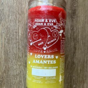 Red and yellow lovers candle with text.