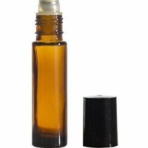 Amber glass roller bottle with black cap.