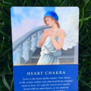 Heart chakra card with angel illustration.