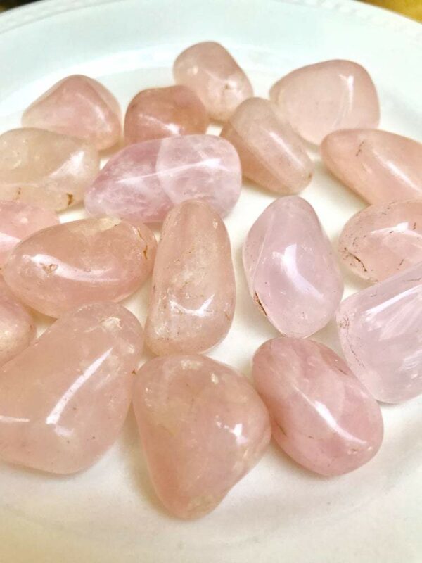 Pink rose quartz tumbled stones on white background.