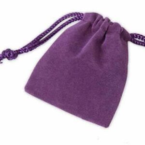 Purple velvet drawstring bag with a cord.