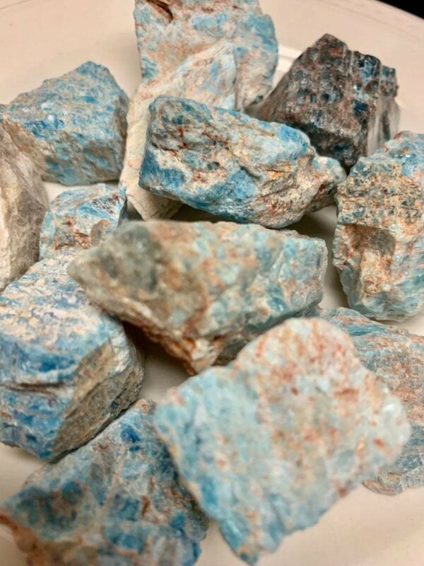 Blue apatite crystal raw rough stones.