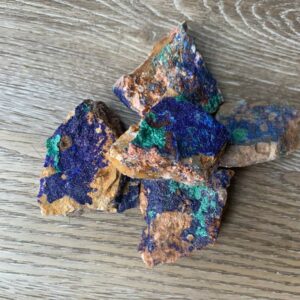 Close-up of blue and green azurite stones.