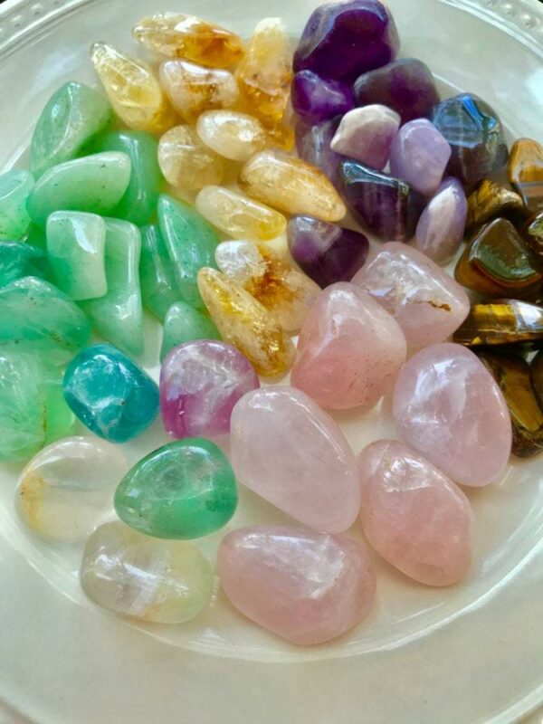 Assortment of colorful tumbled stones.