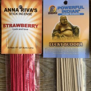 Strawberry and Lucky Buddha incense sticks.