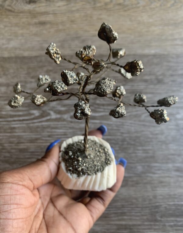 Pyrite crystal tree in hand, white base.