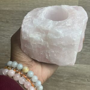 Pink rose quartz candle holder.