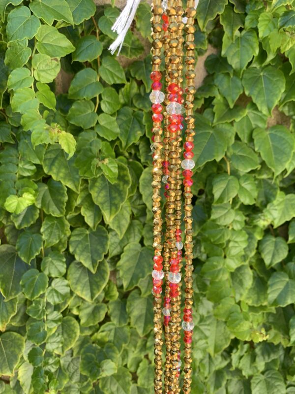 Gold and red beaded necklace against green leaves.