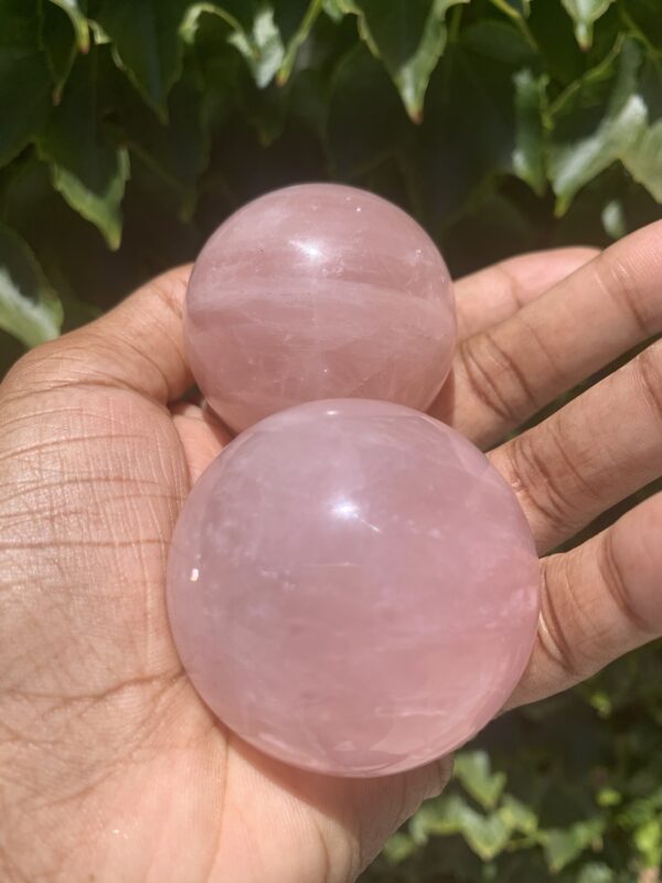 Two pink rose quartz spheres in hand.