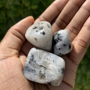 Three white moonstone tumbled stones.