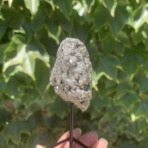 Pyrite crystal on a stand against greenery.