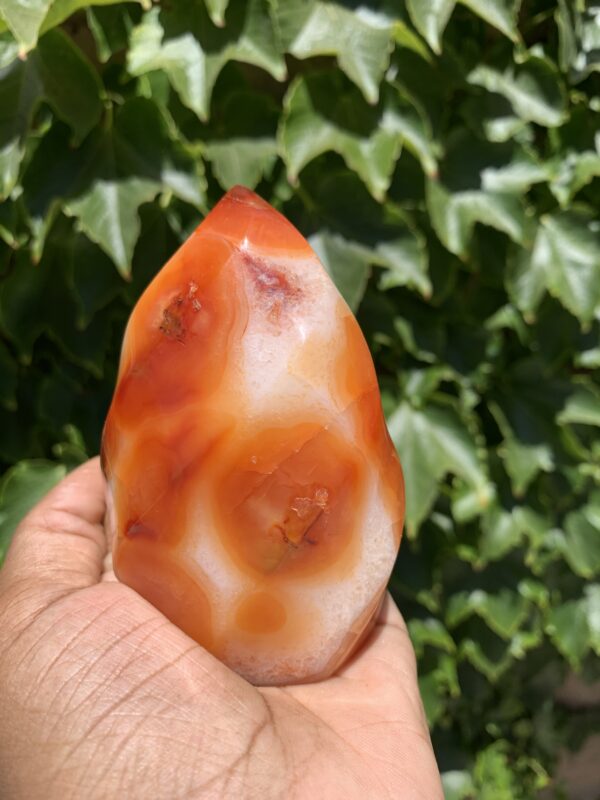 Orange carnelian crystal held in hand.