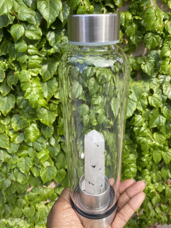 Crystal infused glass water bottle.