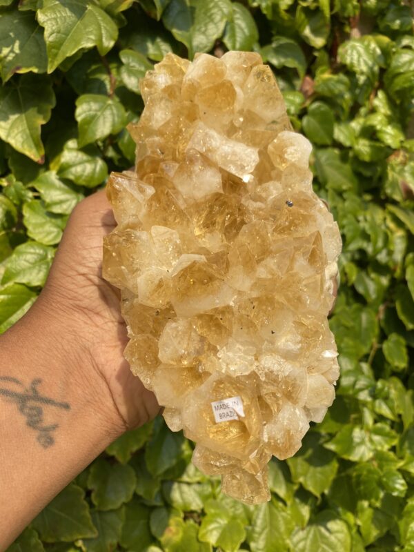 Golden citrine crystal cluster in hand.