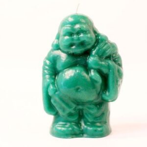 Green Buddha candle, smiling and holding a bag