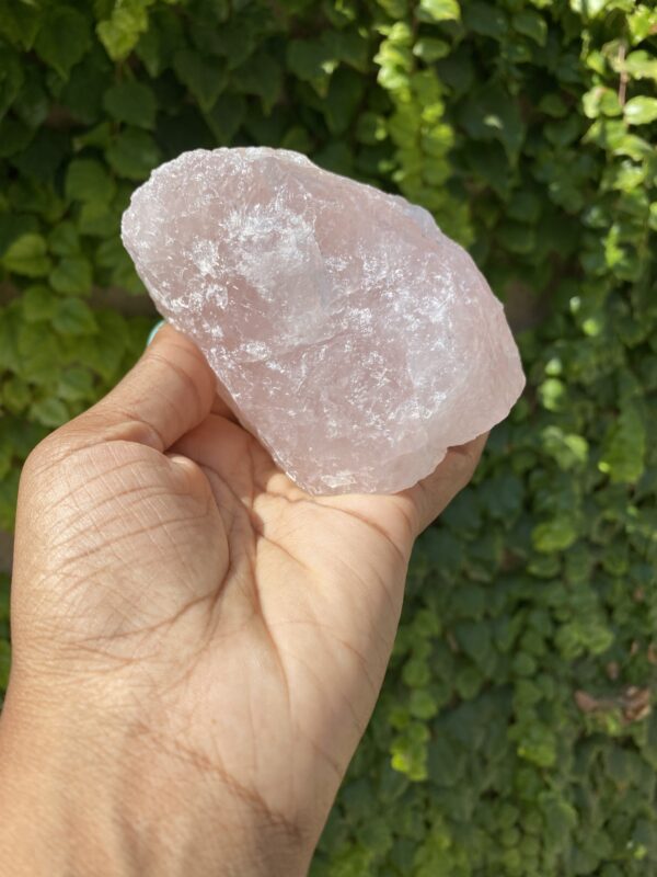 Hand holding a pink rose quartz crystal.