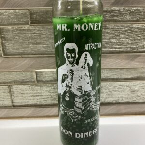 Green glass candle with Mr. Money design.