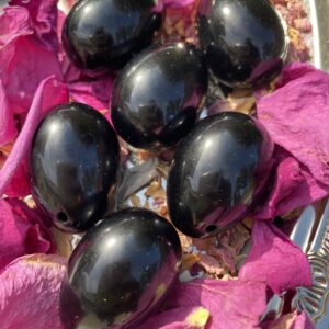 Black obsidian eggs on pink petals.