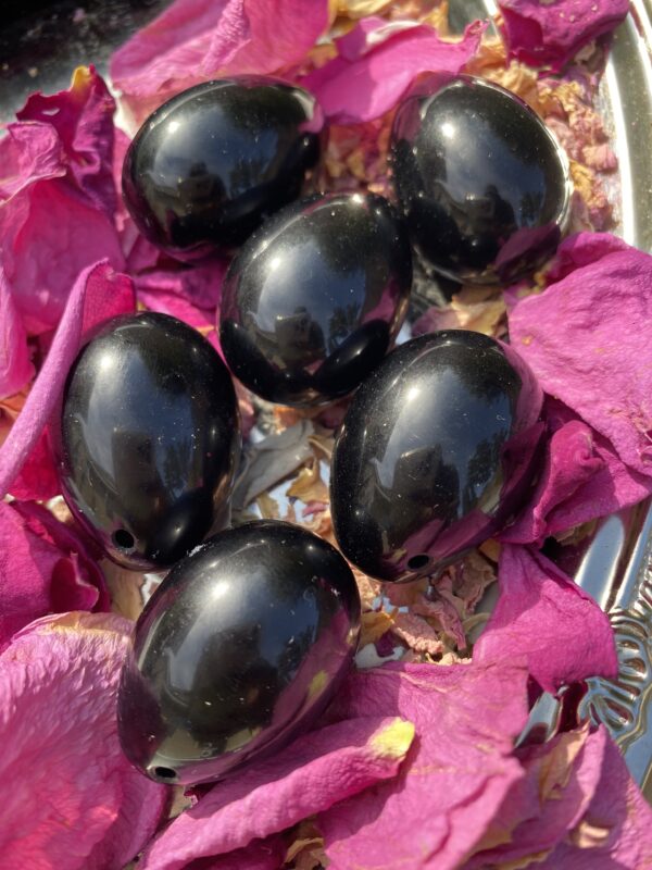 Black obsidian eggs on pink petals.