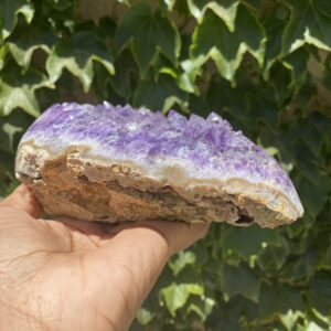 A person holding onto a purple rock