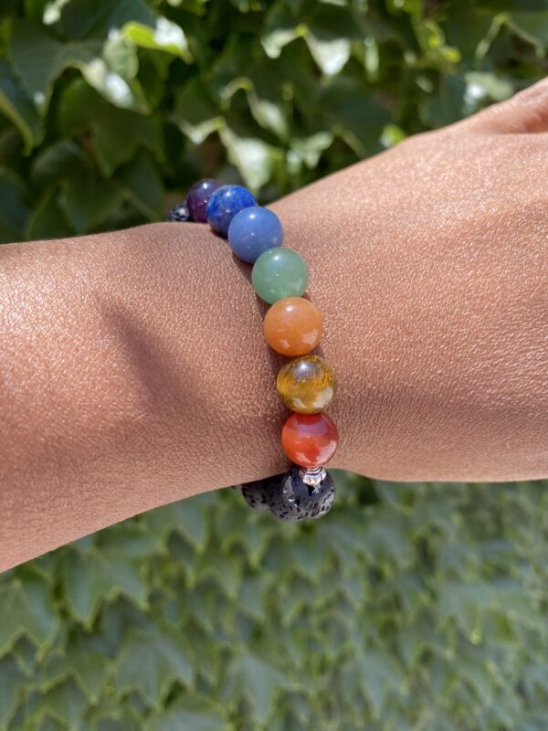 A person wearing a bracelet with different colored beads.